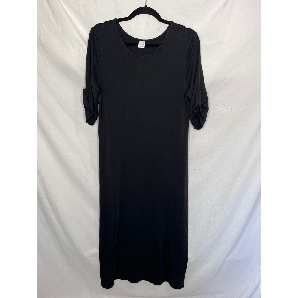 Peruvian Connection Black Pima Cotton Midi Dress Women's Sz Large Roll Tab Slv
